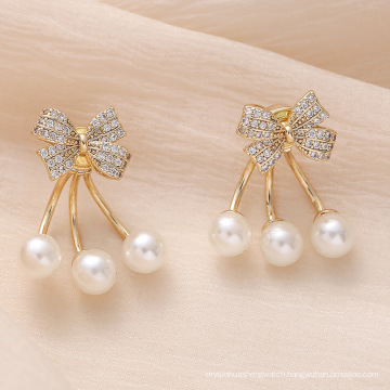 trendy bowknot diamond pearl earrings jewelry for women 2021,14K gold plated copper drop earrings